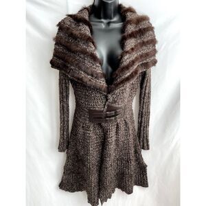 Carina Y2K Mohair Wool Cardigan Sweater Fur Collar Belted Knit Brown 90s Size M